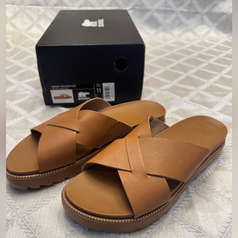 Sorel Tan Leather Criss-Cross Slides Size 11, EUR 42